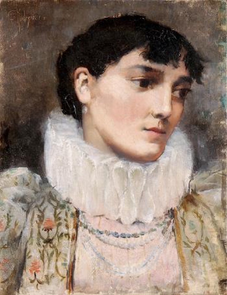Portrait einer Dame mit Mühlradkragen by Georges Antoine Rochegrosse