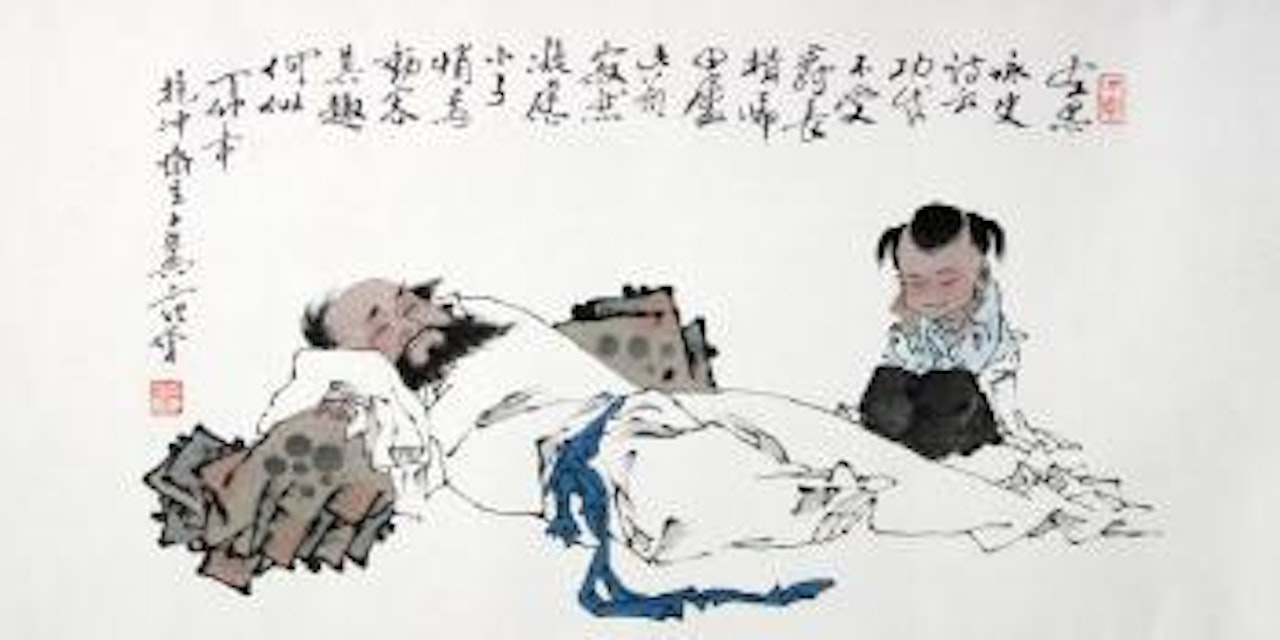 Man and a child in classical garb asleep on rocks by Fan Zeng