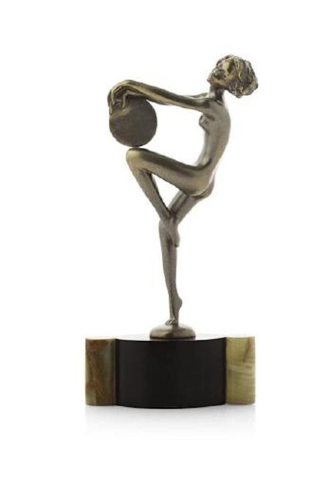 Naked girl, holding aloft a disc by Josef Lorenzl