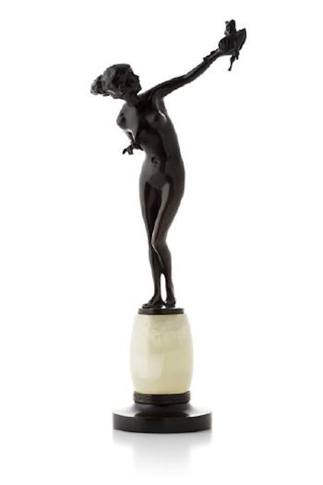 Naked girl, holding aloft a doll by Josef Lorenzl