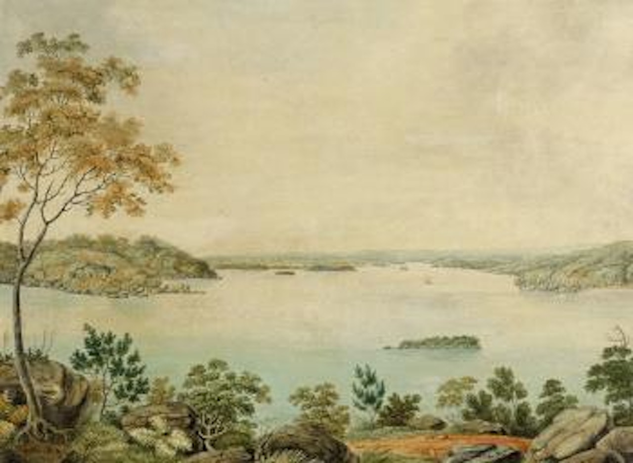 Eliza Point showing Captain Piper's naval villa and garden by Joseph Lycett