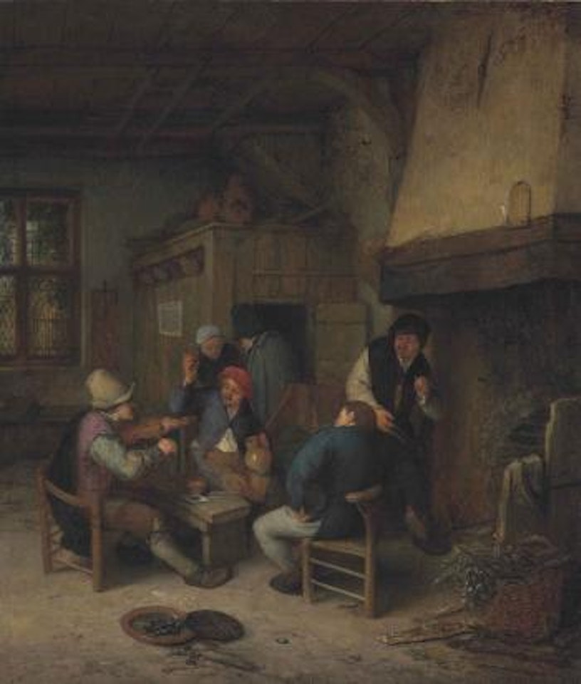 Interior of a tavern with peasants making music and drinking, a basket of hops in the foreground by Adriaen van Ostade