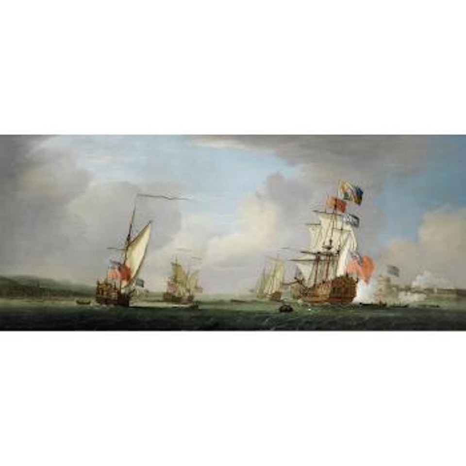 The Royal Yacht Peregrine and her escorts off Gillingham, Kent, acknowledging a salute as she passes Upnor Castle by Peter Monamy