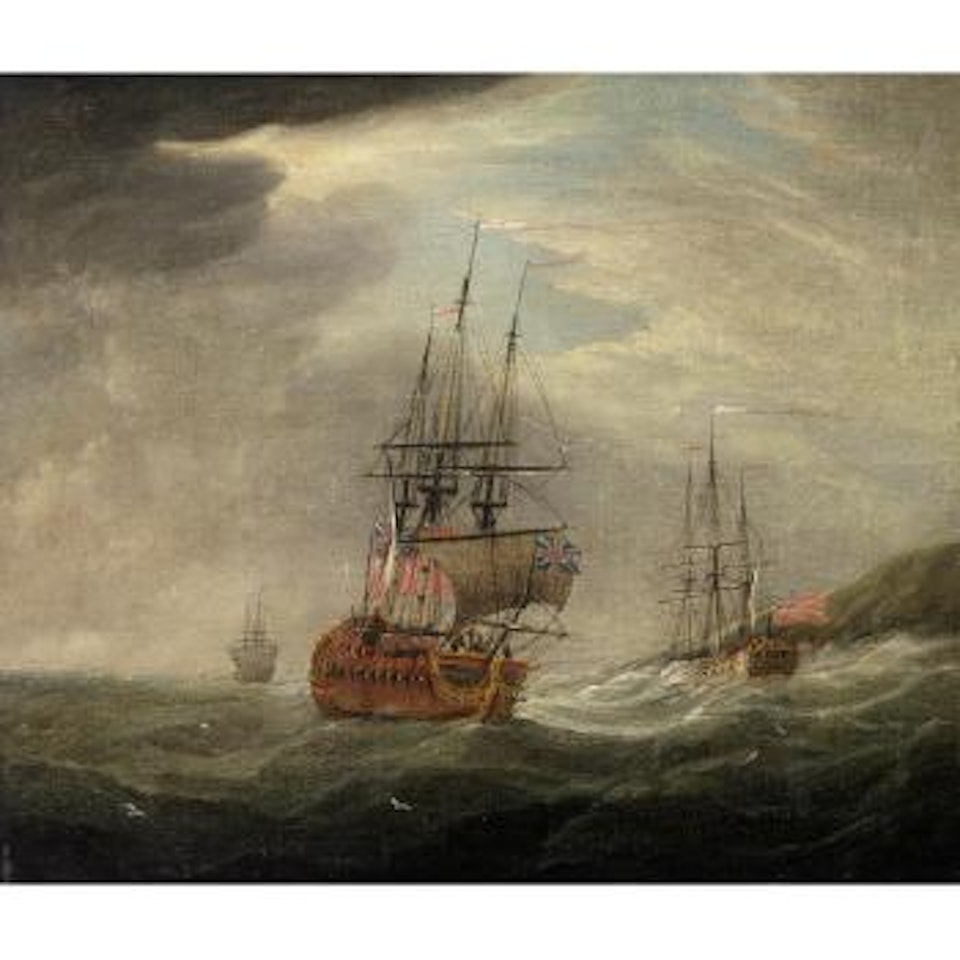 His Majesty's frigate Unicorn sailing down the coast in company with an Admiralty yacht; and Unicorn, in three positions, driven close inshore by heavy weather by Francis Swaine
