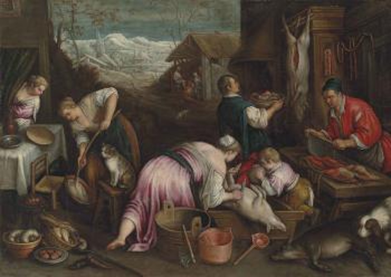 December: A village in winter with figures slaughtering a pig, others by a fire in a cottage, with snow-covered mountains in the distance by Leandro Bassano