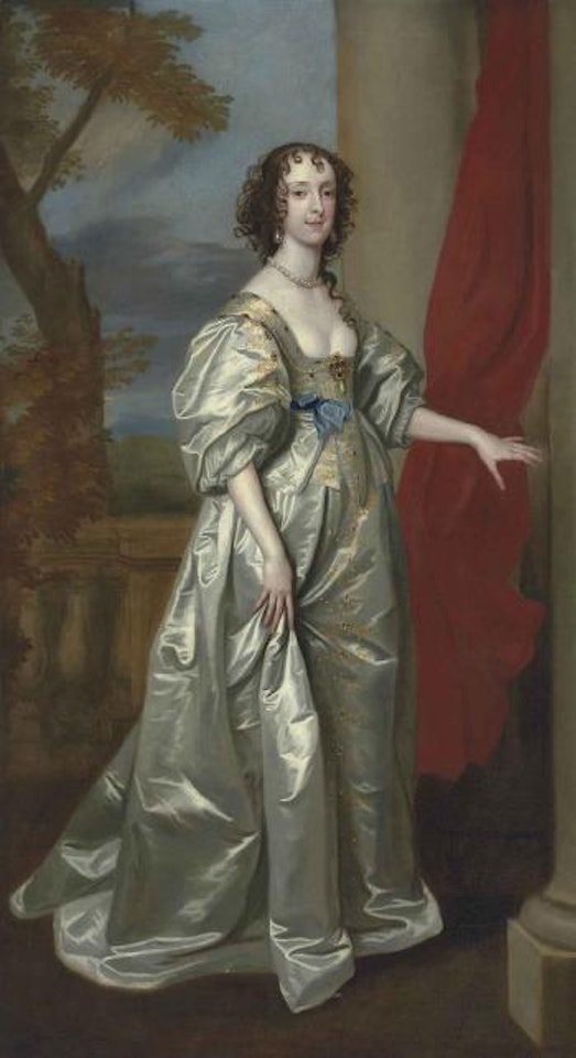 Portrait of Mrs. Thomas Carey (d. 1678), later Lady Herbert, full-length, in a white satin dress, with gold embroidery, by a column with a draped curtain, a park landscape beyond by Anthony van Dyck