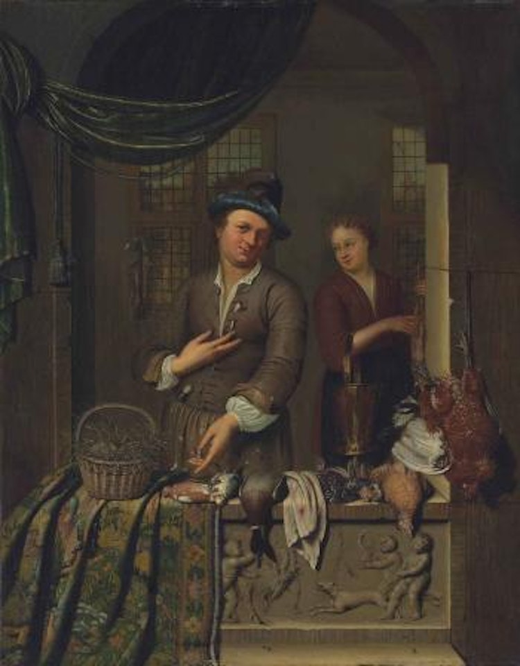 A Poultry seller and his wife at a casement, with eggs in a wicker basket, a mallard duck and other birds on a partially draped stone ledge sculpted with playing putti by Willem van Mieris