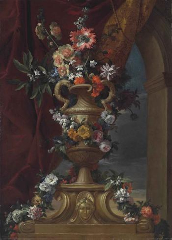 A Roses, Peonies, Orange blossom, Jasmine, Ranunculi and other flowers in a sculpted urn on a pedestal, before a draped curtain by Jean Baptiste Monnoyer