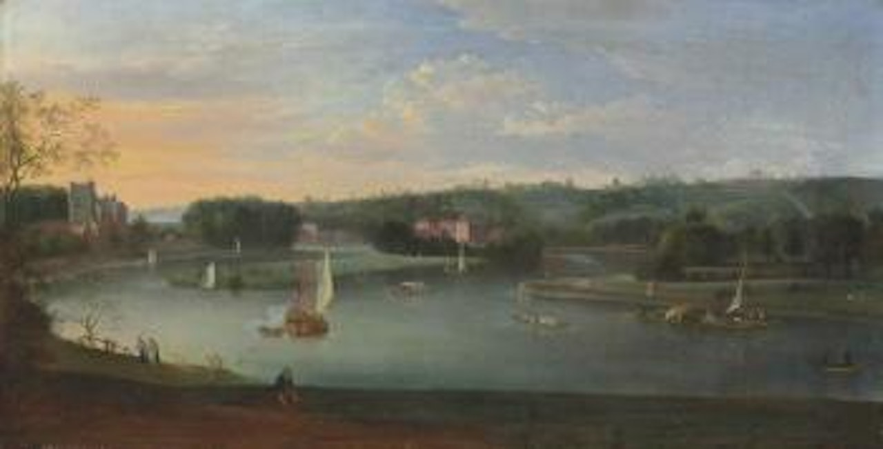 A View of the Thames at Richmond, with figures bathing and conversing on the riverbank, shipping beyond by English School