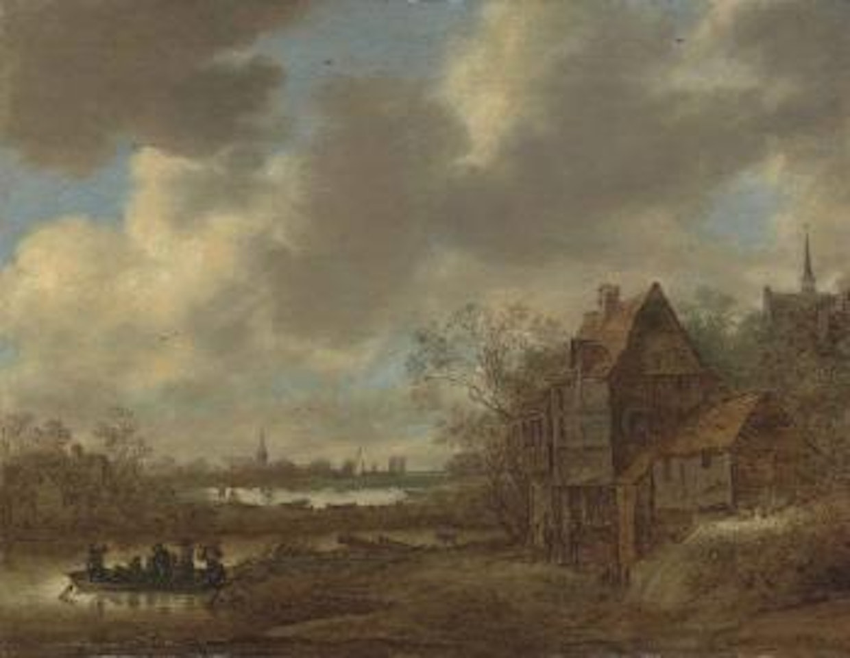 A River Landscape with figures crossing the water in a ferry and others by a tavern, a village and a church beyond by Jan van Goyen