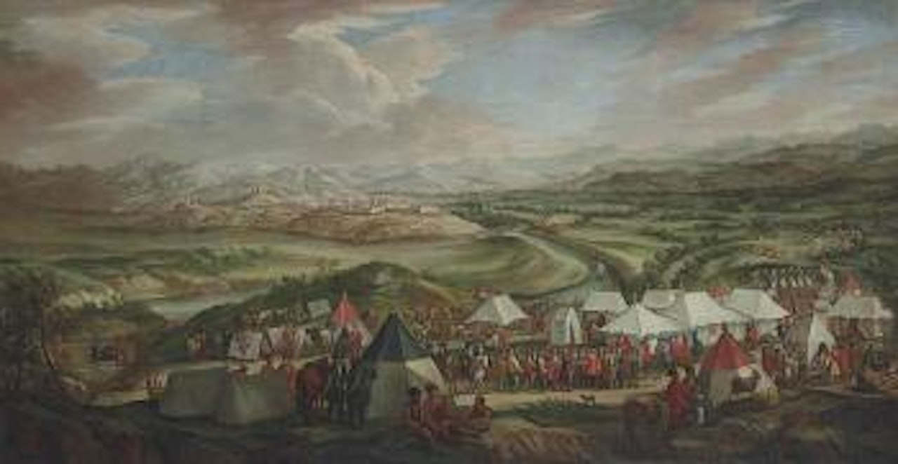 An Extensive landscape with the Venetian encampment before Imotski, with a delegation of the Venetians and the Turks meeting in the foreground by Venetian School