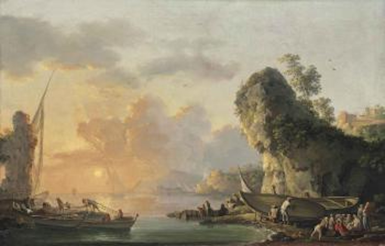 A coastal landscape with fishermen pulling in their nets at sunset, others repairing their boats and resting on the shore by a rocky outcrop, a town on the hills beyond by Carlo Bonavia