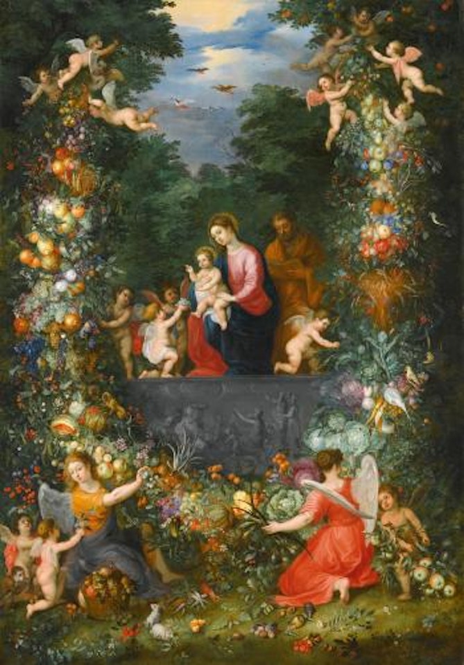 The Holy Family Within A Garland Of Fruit, Flowers And Vegetables Held By Angels by Hendrik van Balen by Jan Brueghel the Younger