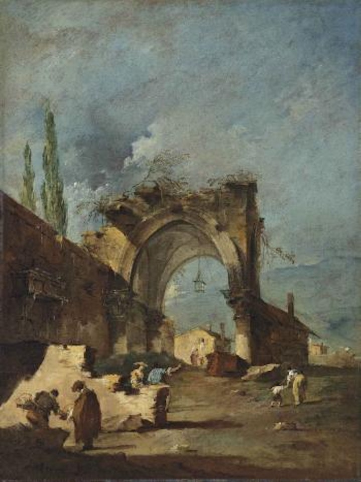 A Capriccio of ruined buildings, with cypresses and figures by an arch by Francesco Guardi