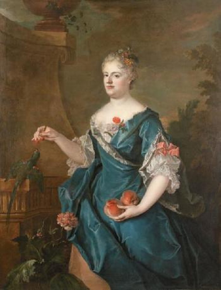 Portrait de dame à la robe de satin bleu donnant des cerises à un perroquet dans un paysage architecturée by Jean-Baptiste Oudry