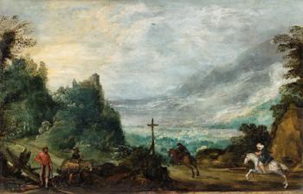 Hochgebrigslandschaft mit Reitern und Holzfällern by Joos de Momper the Younger