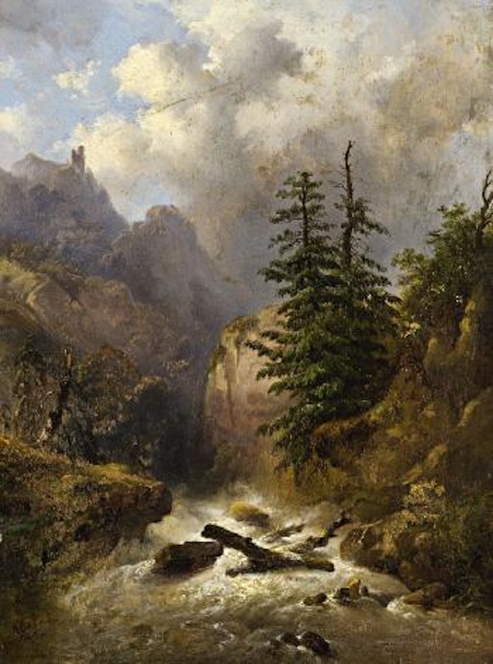 Gebirgslandschaft mit Wildbach und Tanne by Alexandre Calame