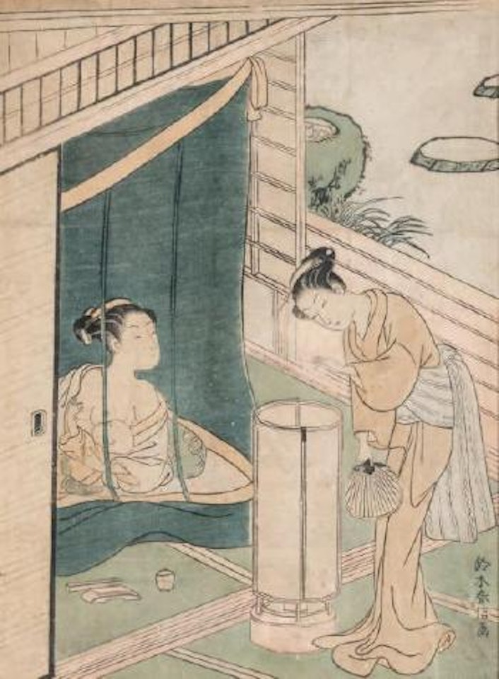 Jeune femme allaitant son enfant derrière une moustiquaire, sa servante lui apportant une lampe by Suzuki Harunobu