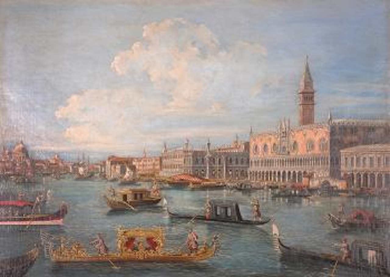A scene of the Grand Canal, Venice, with figures in Gondola's in the foreground by Canaletto