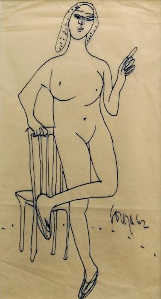 Standing nude leaning on chair by Francis Newton Souza