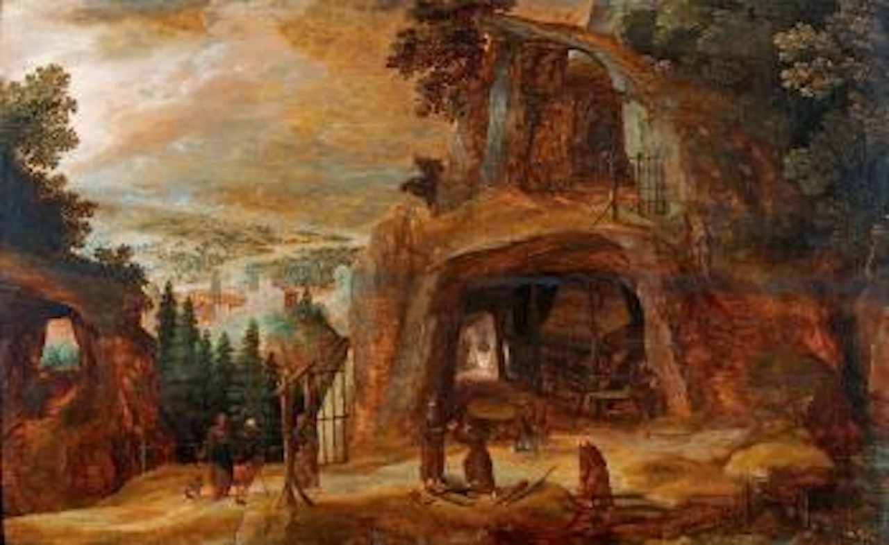 Moines dans une grotte surplombant une vallée by Joos de Momper the Younger