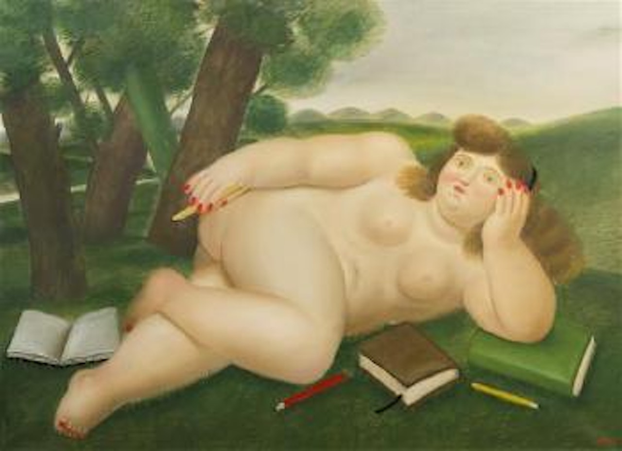Reclining Nude with Books and Pencils on Lawn by Fernando Botero