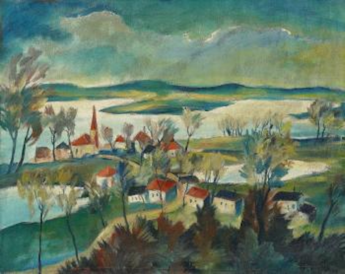 Kirchdorf an einer Seenplatte by Franz Heckendorf