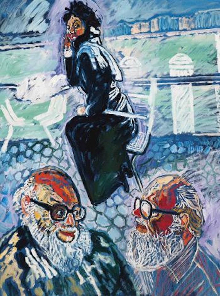 Two Self-portraits and Patti in a Black Coat on the Terrace by John Bratby