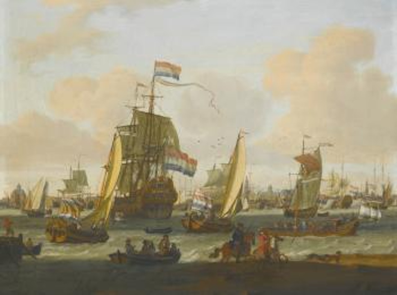 Shipping on the Ij with Amsterdam beyond by Abraham Storck