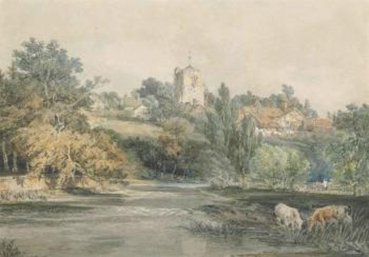 Leatherhead, Surrey, from across the River Mole, with cattle watering in the foreground by Joseph Mallord William Turner