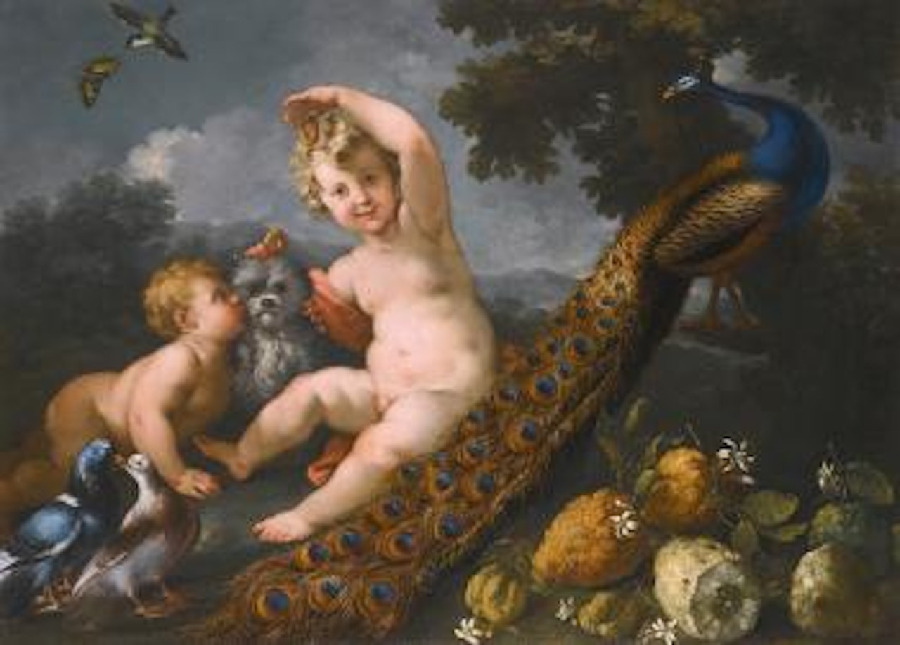 Still Life with Fruit and a Peacock, with two Putti playing with a Dog by Roman School