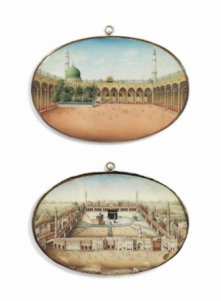 A Pair of Miniature Paintings of the Haram Al-sharif and the Mosque of the Prophet at Medina on Ivory by North Indian School