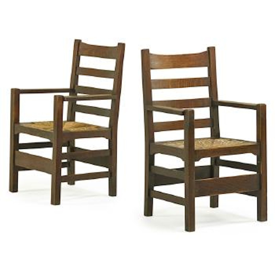 Ladderback Armchairs With Rush Seats by Gustav Stickley