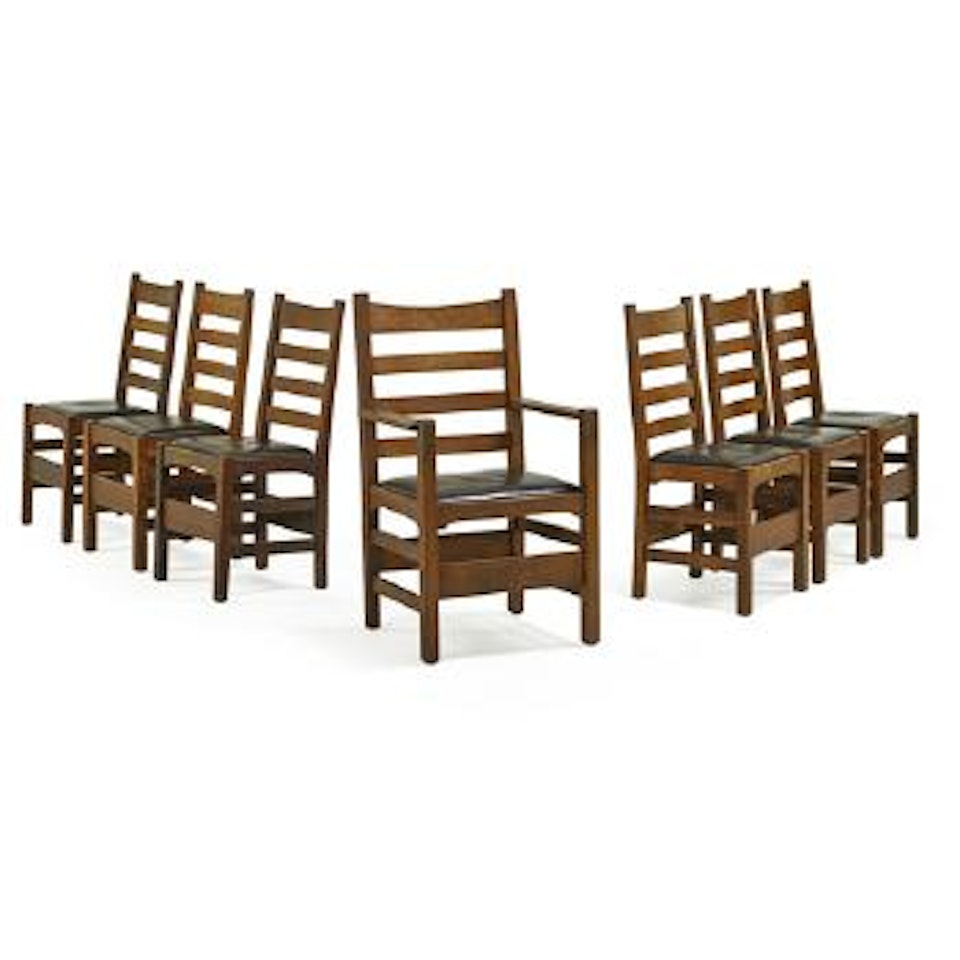 Assembled Set Of Ladderback Dining Chairs, Six Side- And One Arm by Gustav Stickley