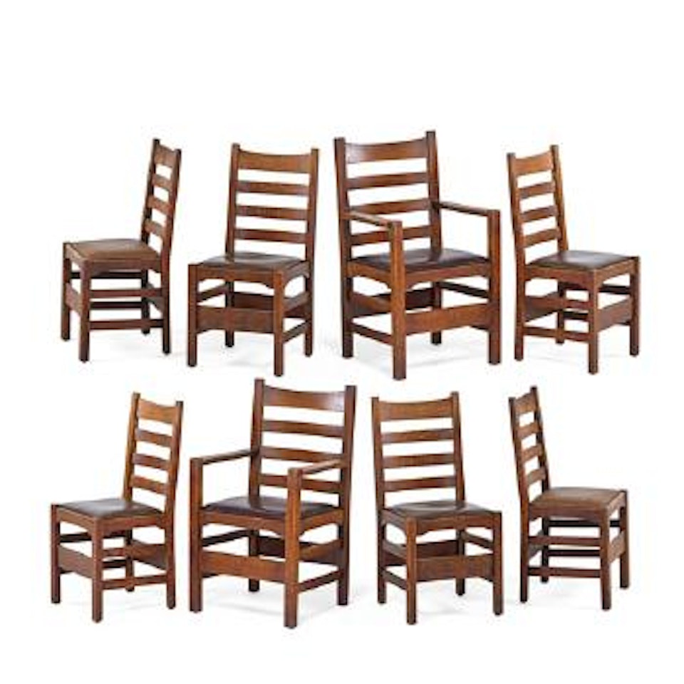 Ladderback Dining Chairs, Side chairs,  Arm chairs by Gustav Stickley