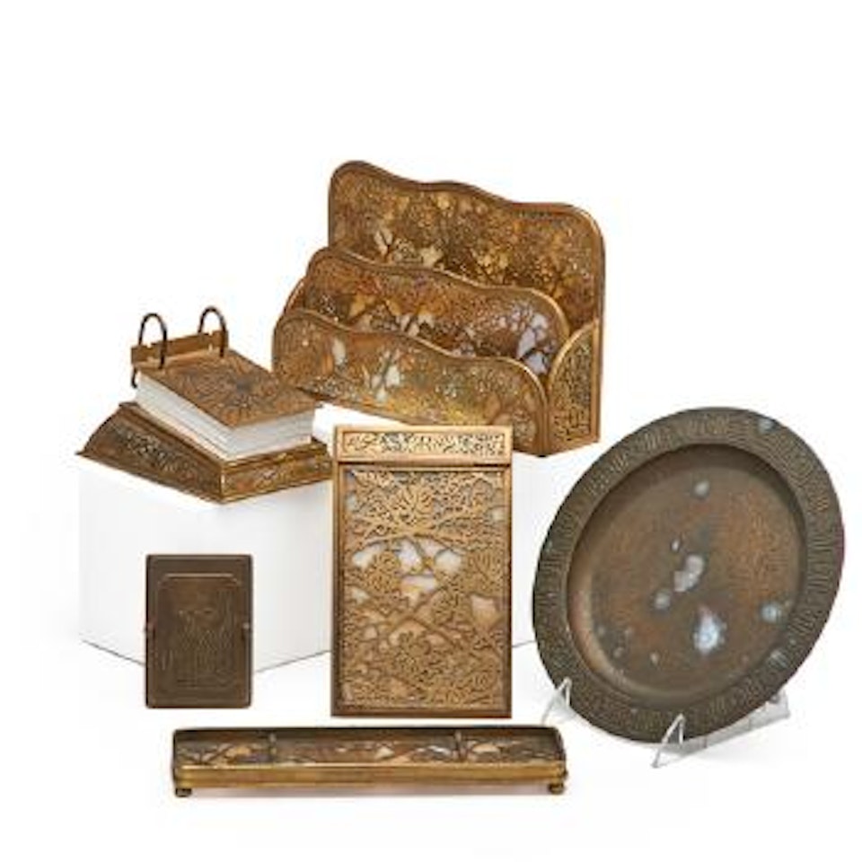 Desk Set In Assorted Patterns, Grapevine Letter Holder, Pen Tray, And Notepad, Pine Needle Calendar, Chinese Paper Clip by Tiffany Studios