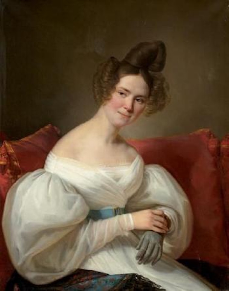 Portrait de jeune femme sur un canapé rouge by Claude Marie Dubufe