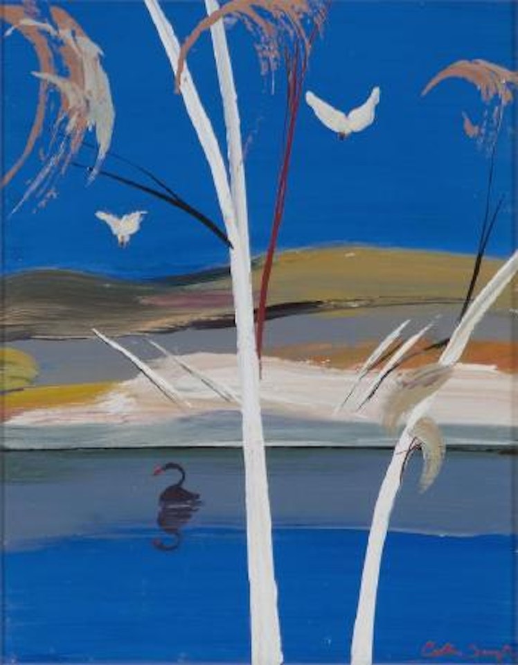 Shoalhaven riverbank with cockatoos and black swan by Arthur Merric Bloomfield Boyd