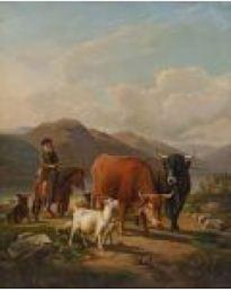 Hirte mit schottischen Hochlandrindern, Schafen und Ziegen by Eugène Joseph Verboeckhoven