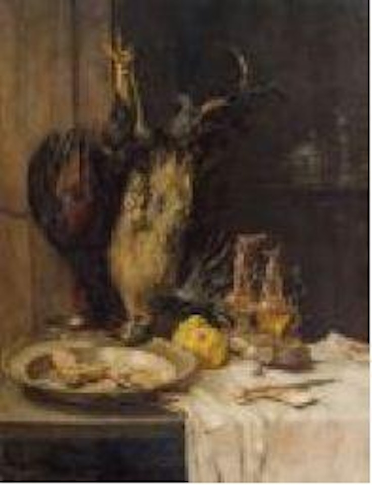Großes Stillleben mit Fasanen, Austern, Quitten und Zinngeschirr by Carl Moll