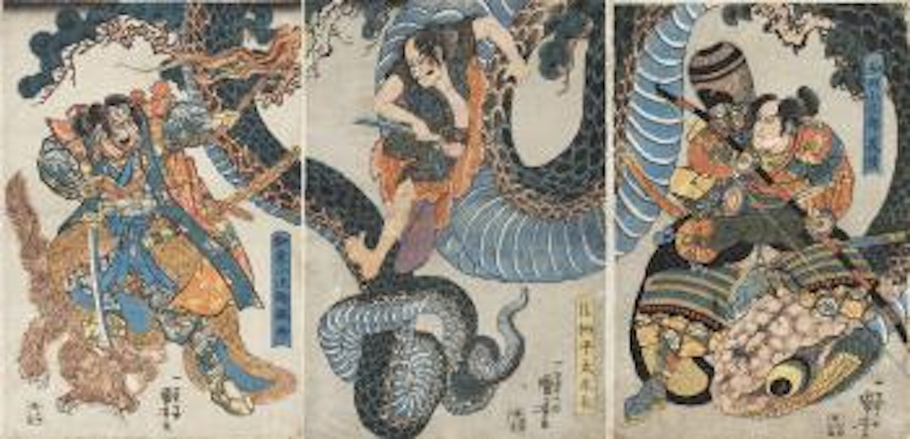 Yegara Heita Tanenaga, having been swallowed by a giant python cuts his way out, while Idzumi Kojiro Chikahira and Wada Kojiro Yoshihige help to control the monster by Utagawa Kuniyoshi