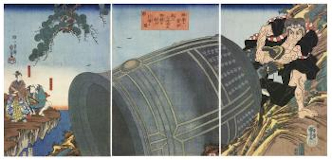 Benkei ga yuriki tawamure ni Miidera no tsurigane o Eizan e hikioguru zu [Benkei's Heroic Strength: Playfully Dragging the Bell of Mii Temple up Mount Hiei] by Utagawa Kuniyoshi