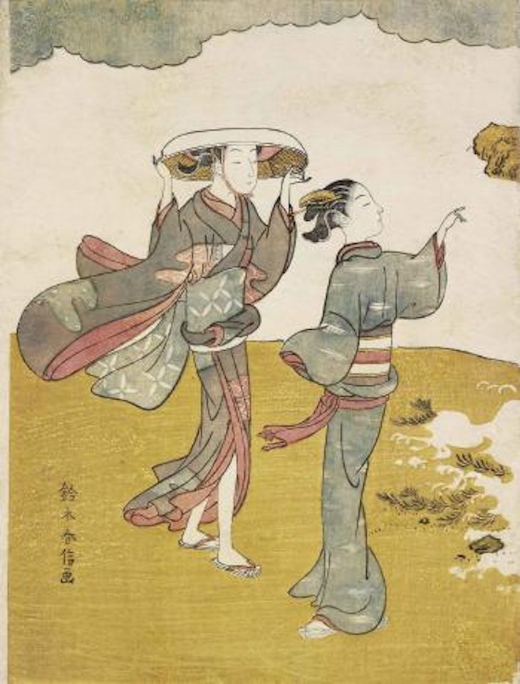 Two women on a windy shore by Suzuki Harunobu