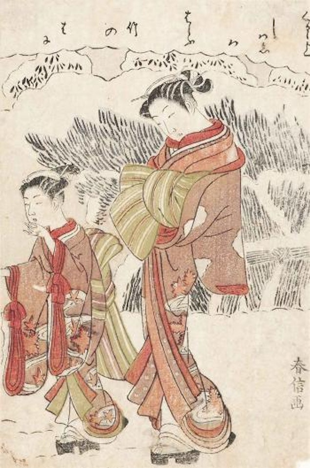 1: A geisha and young apprentice walking through snow beside brush fencing; 2: A woman gazing out of the window whilst seated at a writing table by Suzuki Harunobu