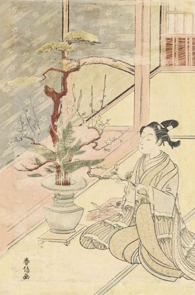 A woman practicing ikebana [flower arranging] in an interior using branches of pine and plum by Suzuki Harunobu