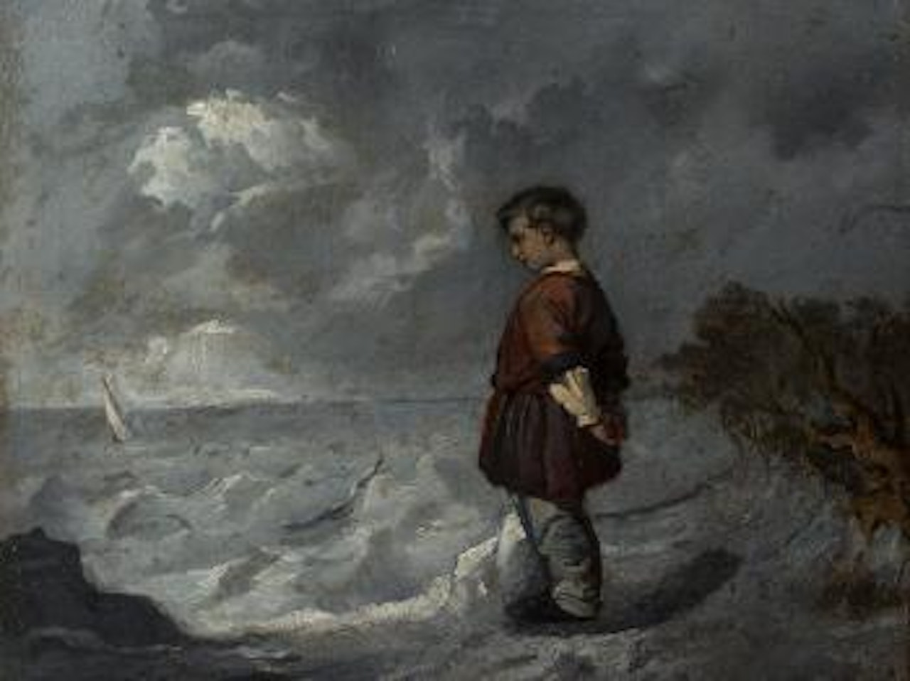 Oil Painting With Boy By The Sea by German School
