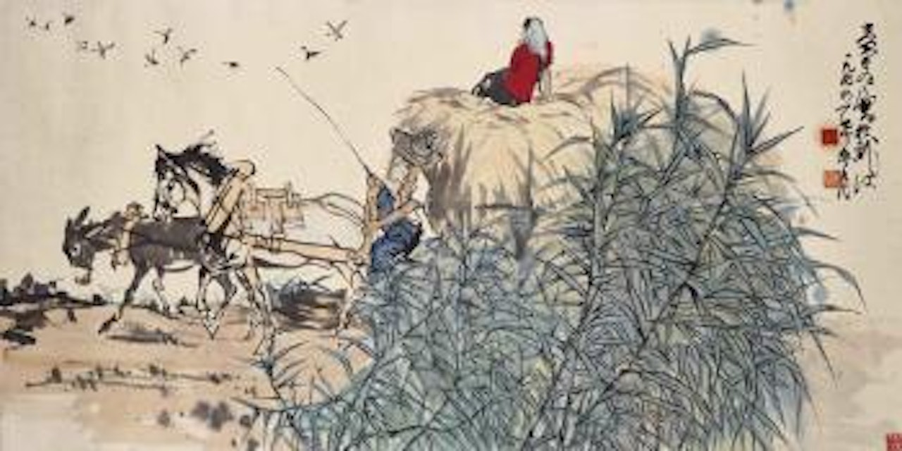 Scène rurale figurant un jeune paysan assis dans un chariot by Huang Zhou