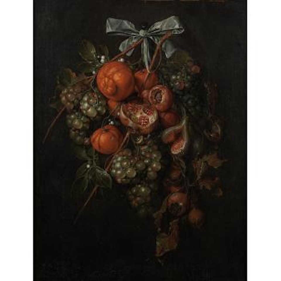White Grapes, Oranges, a Pomegranate, Figs, Plums and Chestnuts tied with a Blue ribbon and attached to a Nail by Cornelis de Heem
