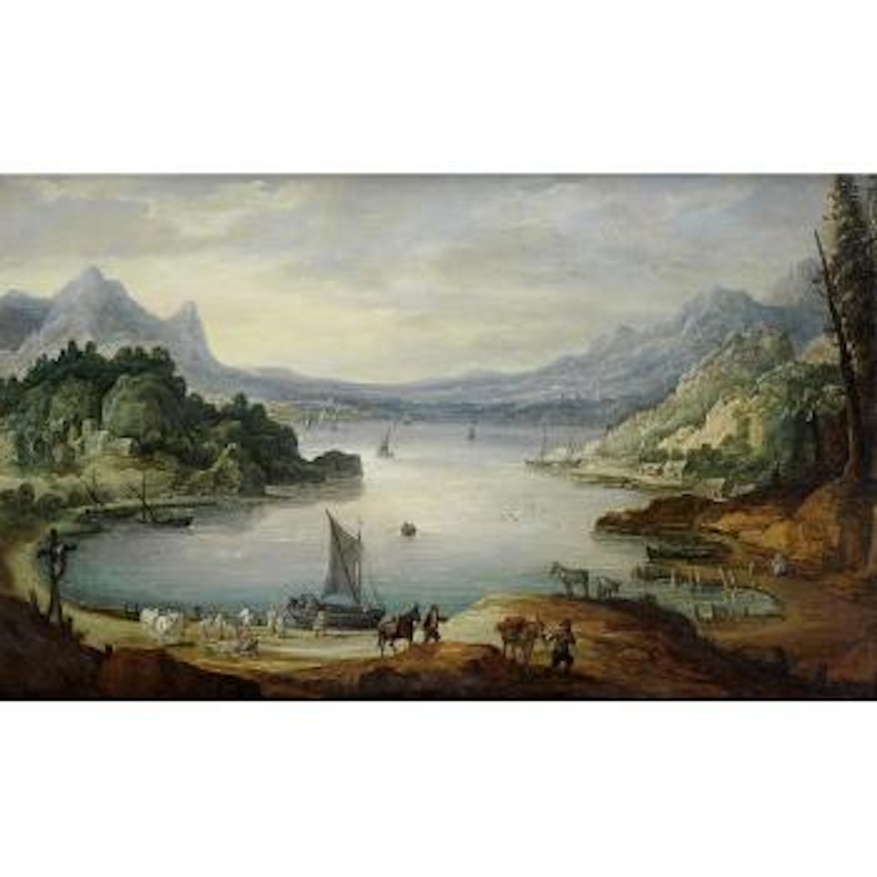 Fishermen unloading their catch, a Mountainous river Landscape beyond by Joos de Momper the Younger