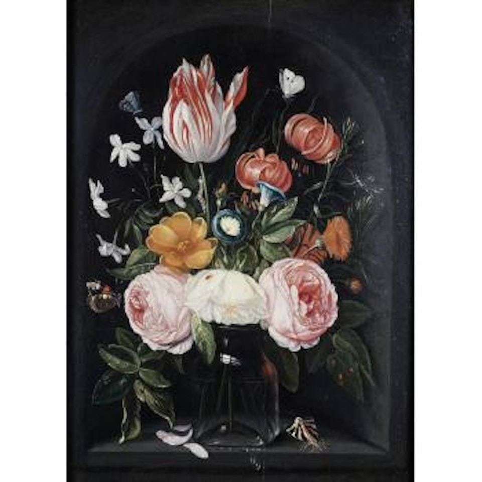 Roses, a Tulip, a small Morning Glory, Jasmine, a Red turban cup Lily, Rosemary and other flowers in a glass vase on a stone plinth by Jan Van Kessel The Elder